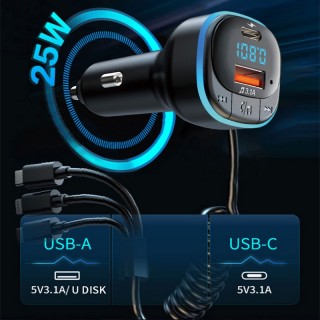 Бързо зарядно за кола 3 в 1 с USB, Type-C, волтметър и кабел