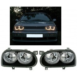 Кристални фарове за Голф 3 с ангелски очи - R32 дизайн - черни