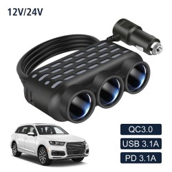 Разклонител за запалка на кола 12 / 24V с 3 гнезда и 2 USB порта