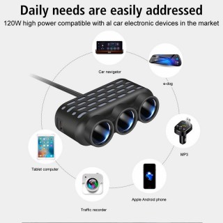Разклонител за запалка на кола 12 / 24V с 3 гнезда и 2 USB порта