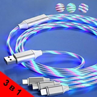 Светещ кабел за зареждане 3 в 1 Lightning, USB Type-C, Micro-USB